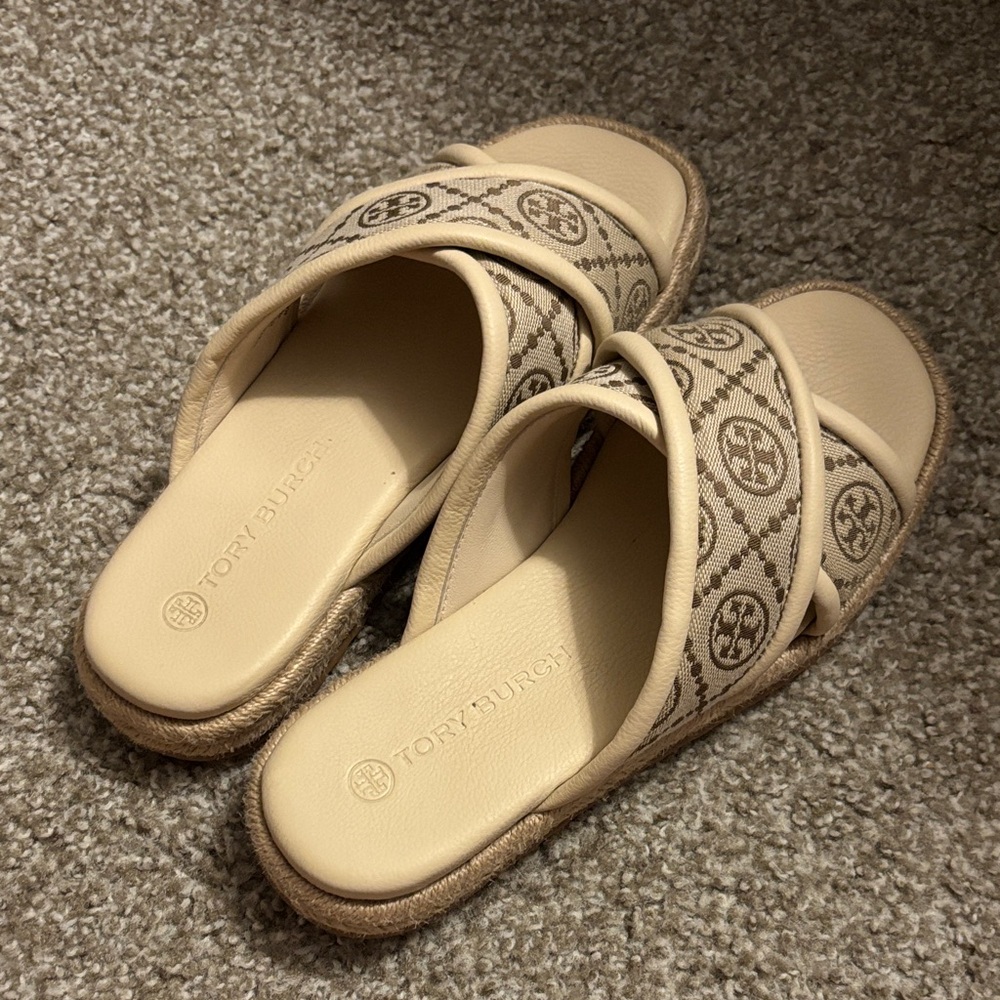 Tory Burch Tan Patterned Slide Sandals
